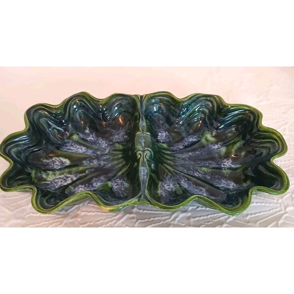 Vintage MCM  Cali Pottery Divided Leaf Dish CALIF. USA 30 Green Drip Glaze - Picture 1 of 13